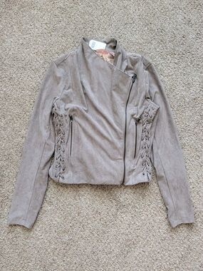 Willow & Root Womens Taupe Gray Faux Suede Side Lace-Up Moto Jacket NWT Size XS